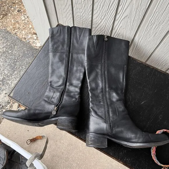 Etienne Aigner Black Riding Boots 8.5 Leather Tall Logo Zip Equestrian Chic