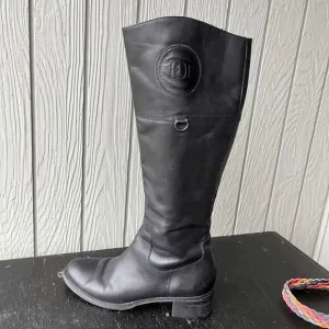 Etienne Aigner Black Riding Boots 8.5 Leather Tall Logo Zip Equestrian Chic