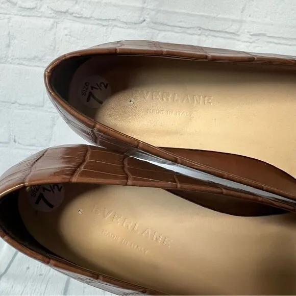 Everlane brown croc embossed leather square toe circle heel ballet flats 7.5 new
