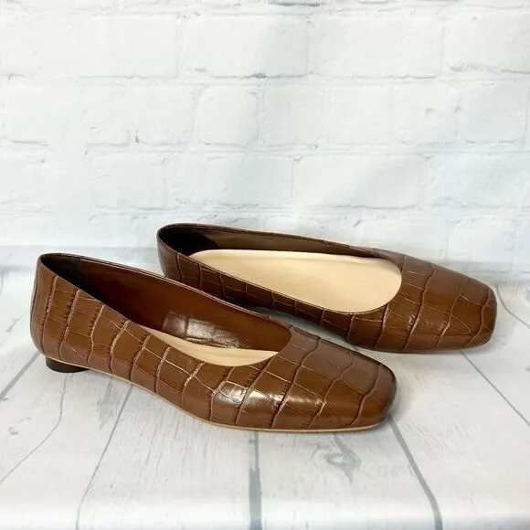 Everlane brown croc embossed leather square toe circle heel ballet flats 7.5 new