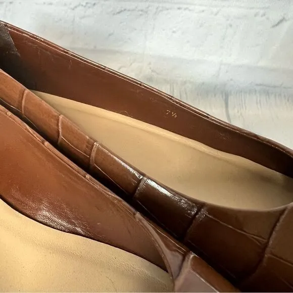 Everlane brown croc embossed leather square toe circle heel ballet flats 7.5 new