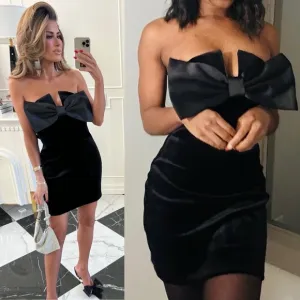 Express viral velvet black mini dress with satin bow detail