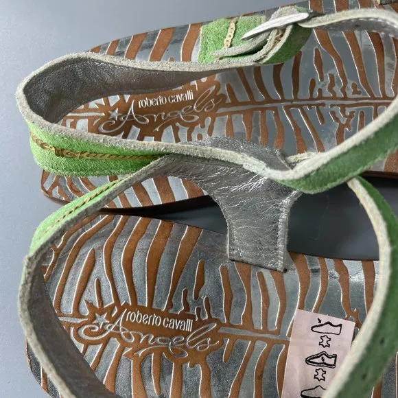 Exquisite Roberto Cavalli Beads Essence Silver Metallic Brown Leather Sandals 38
