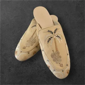 Farm Rio Beige Braided Embroidered Leather Mules Size 8 Slip On Boho Palm Tree