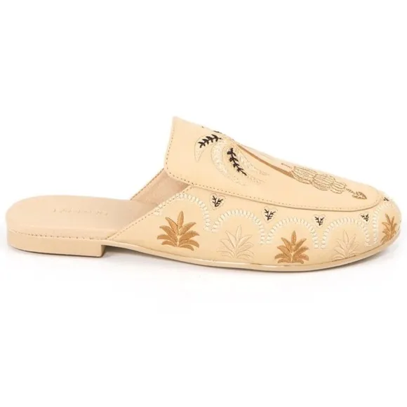 Farm Rio Beige Braided Embroidered Leather Mules Size 8 Slip On Boho Palm Tree
