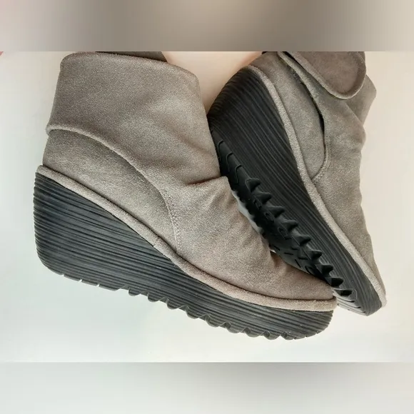 FLY London~Buttery Soft Suede Leather Ruched Ankle Wedge Boots~Size 8-8.5 EU39