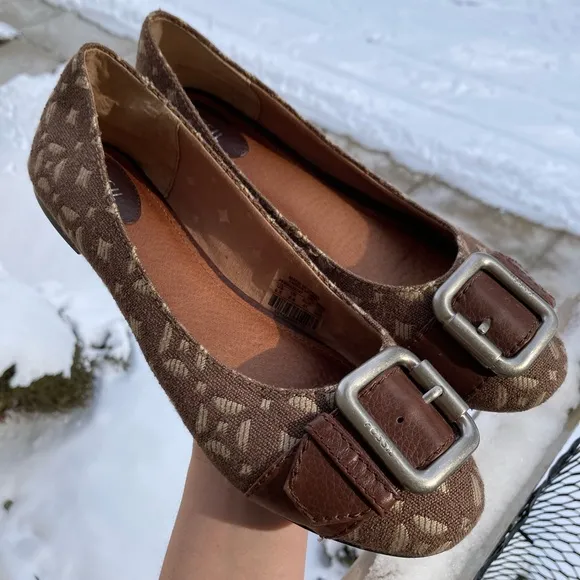 Fossil Carpet Print Tapestry Geometric Pattern Buckle Brown Ballet Flats