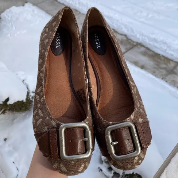 Fossil Carpet Print Tapestry Geometric Pattern Buckle Brown Ballet Flats