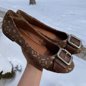 Fossil Carpet Print Tapestry Geometric Pattern Buckle Brown Ballet Flats