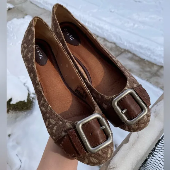 Fossil Carpet Print Tapestry Geometric Pattern Buckle Brown Ballet Flats
