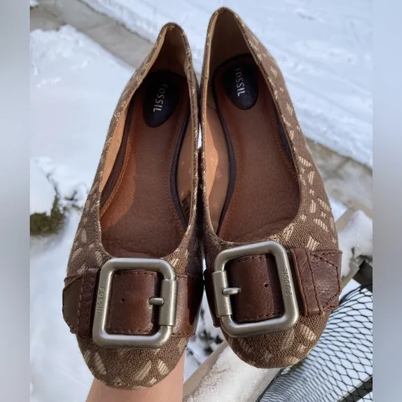 Fossil Carpet Print Tapestry Geometric Pattern Buckle Brown Ballet Flats