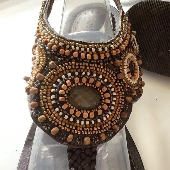 Fossil GENUINE LEATHER EMBELLISHED BROWN THONG SANDALS SIZE US 9​​​​​