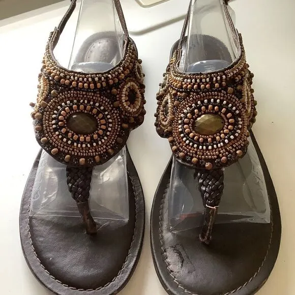 Fossil GENUINE LEATHER EMBELLISHED BROWN THONG SANDALS SIZE US 9​​​​​