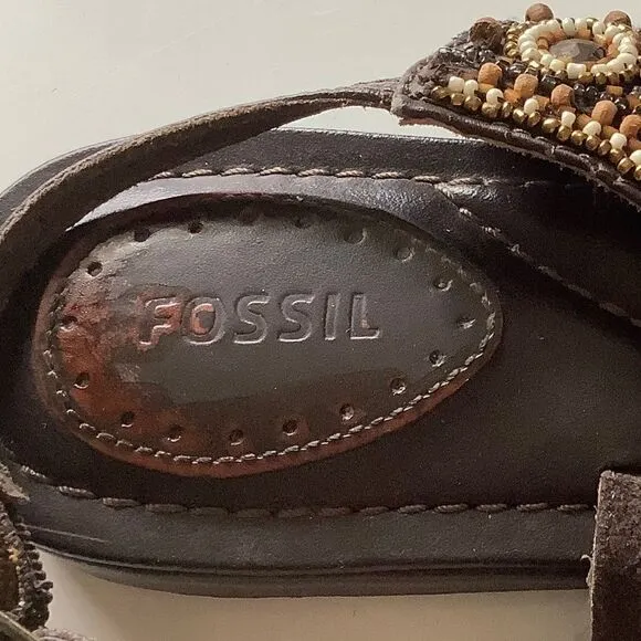 Fossil GENUINE LEATHER EMBELLISHED BROWN THONG SANDALS SIZE US 9​​​​​