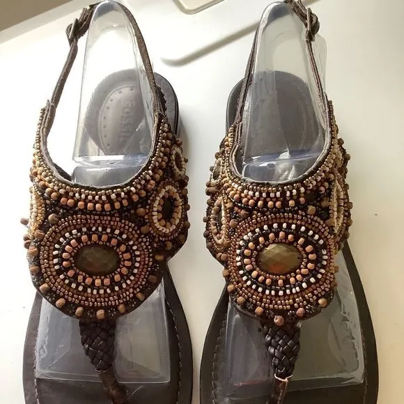 Fossil GENUINE LEATHER EMBELLISHED BROWN THONG SANDALS SIZE US 9​​​​​