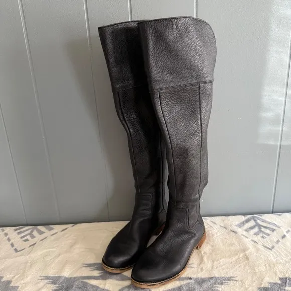 Franco Sarto Over the Knee Black Leather Boots Sz 7M Tall Flat Sole Riding Style
