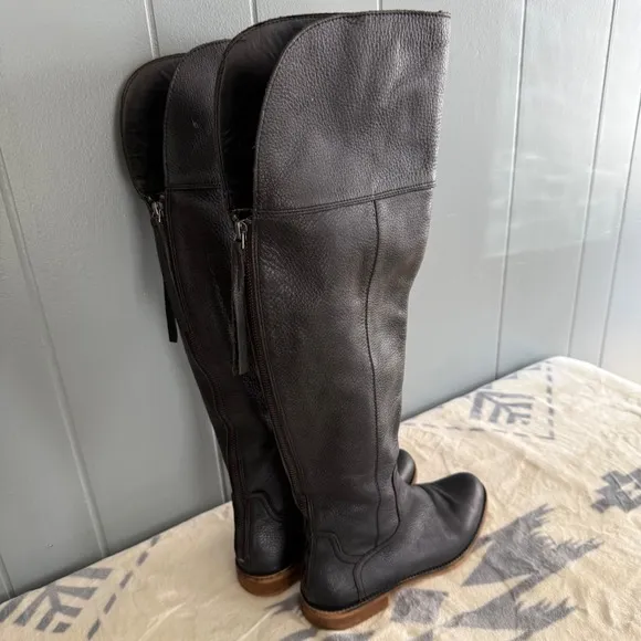 Franco Sarto Over the Knee Black Leather Boots Sz 7M Tall Flat Sole Riding Style