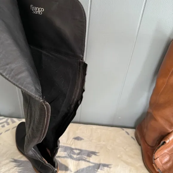 Franco Sarto Over the Knee Black Leather Boots Sz 7M Tall Flat Sole Riding Style