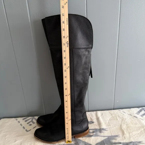 Franco Sarto Over the Knee Black Leather Boots Sz 7M Tall Flat Sole Riding Style