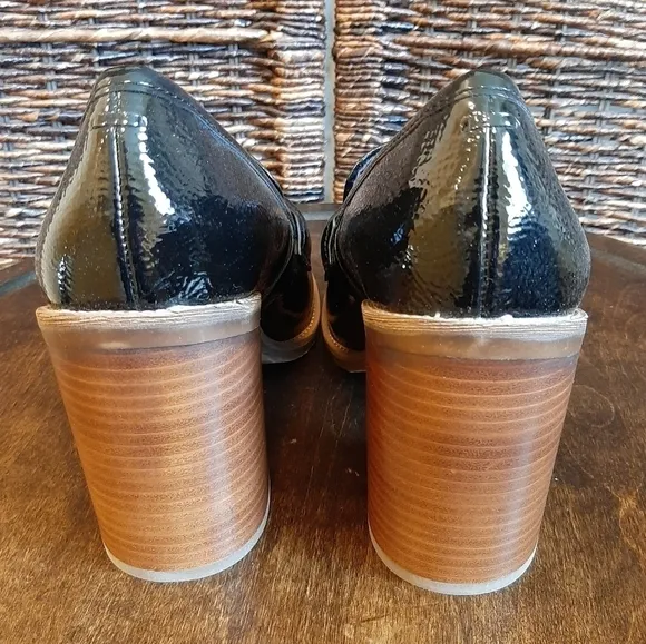 Franco Sarto Women's 10 Black Raven Patent Faux Leather Heeled Loafers Academia