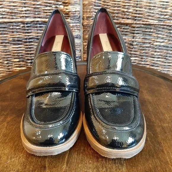 Franco Sarto Women's 10 Black Raven Patent Faux Leather Heeled Loafers Academia