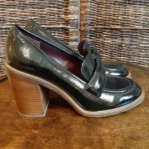 Franco Sarto Women's 10 Black Raven Patent Faux Leather Heeled Loafers Academia