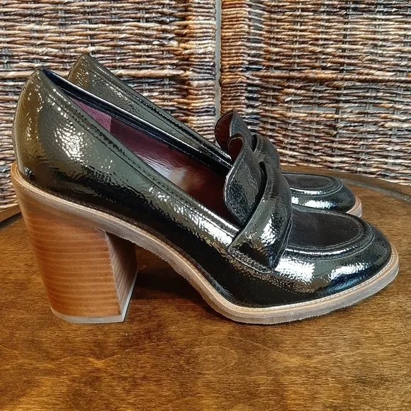 Franco Sarto Women's 10 Black Raven Patent Faux Leather Heeled Loafers Academia