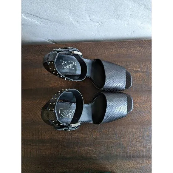 Franco Sarto Black Leather Pepita Heeled Sandals - Size 8
