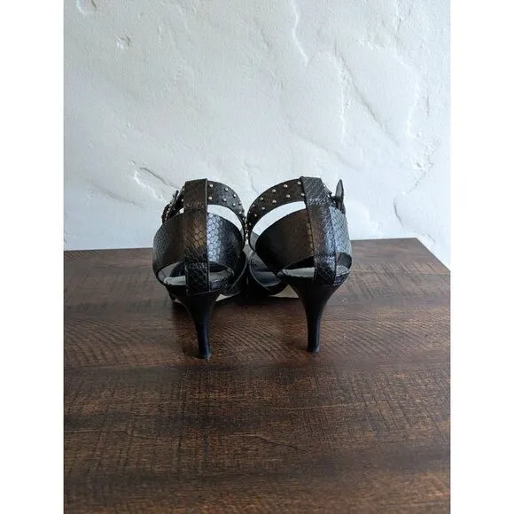 Franco Sarto Black Leather Pepita Heeled Sandals - Size 8
