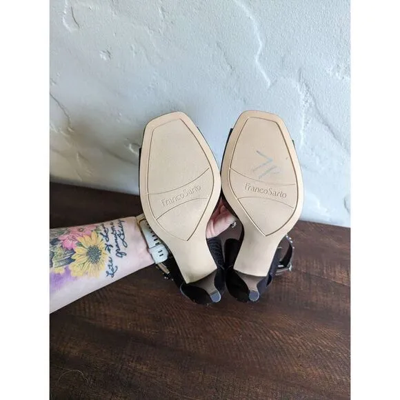 Franco Sarto Black Leather Pepita Heeled Sandals - Size 8