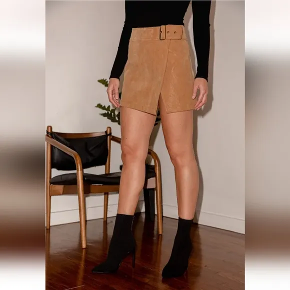 Free People Ari Wrap Faux Leather Mini Skirt – Size 10 – Camel Tan