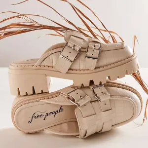 Free People Buckle Lyra Lug Loafers Beige Mules Platform Clog Shoe Size 8 Boho
