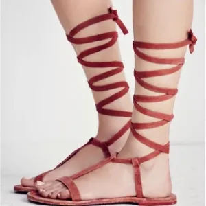 Free People Dahlia Tall Lace-Up Gladiator Sandals Terracotta Red Suede 37 US 6.5