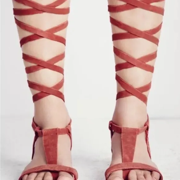 Free People Dahlia Tall Lace-Up Gladiator Sandals Terracotta Red Suede 37 US 6.5