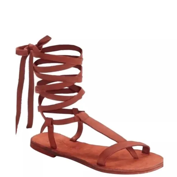 Free People Dahlia Tall Lace-Up Gladiator Sandals Terracotta Red Suede 37 US 6.5