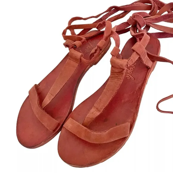 Free People Dahlia Tall Lace-Up Gladiator Sandals Terracotta Red Suede 37 US 6.5