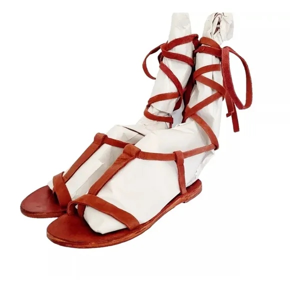 Free People Dahlia Tall Lace-Up Gladiator Sandals Terracotta Red Suede 37 US 6.5