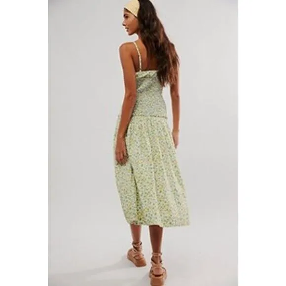 Free People Lavender Daze Smocked Midi Dress in Green Combo Size Large NEW