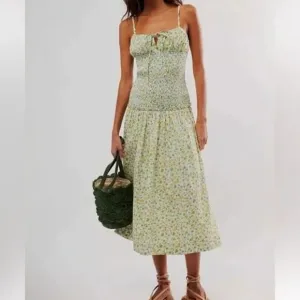 Free People Lavender Daze Smocked Midi Dress in Green Combo Size Large NEW