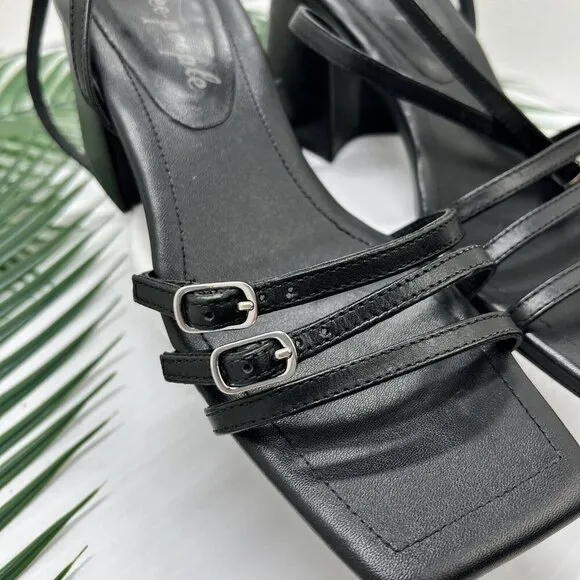 Free People Niki Black Leather Strappy Open Toe Ankle Strap Sandals Size 37