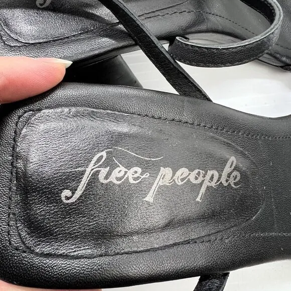 Free People Niki Black Leather Strappy Open Toe Ankle Strap Sandals Size 37