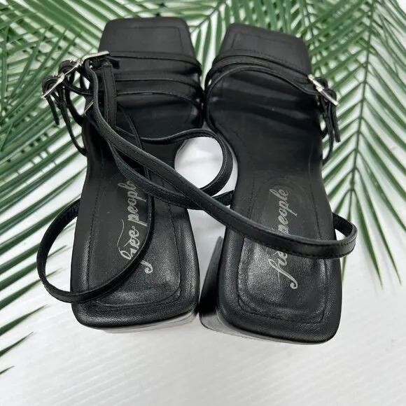 Free People Niki Black Leather Strappy Open Toe Ankle Strap Sandals Size 37