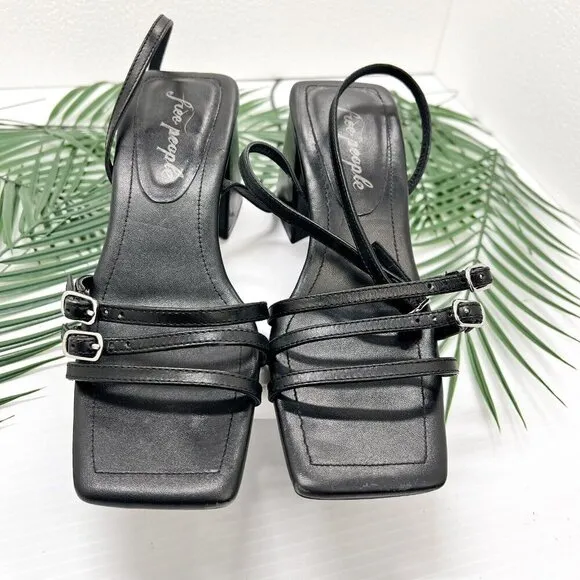 Free People Niki Black Leather Strappy Open Toe Ankle Strap Sandals Size 37