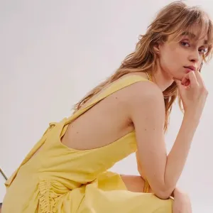 Free People Sienna Linen Ruched Square Neck MIDI Slit Dress 12