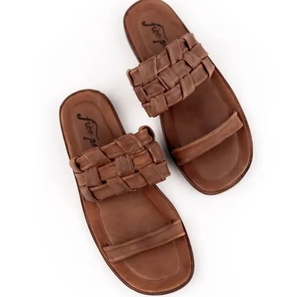 Free People Winding River Braided Strap Leather Slide Sandals Tan Size 7 NWT