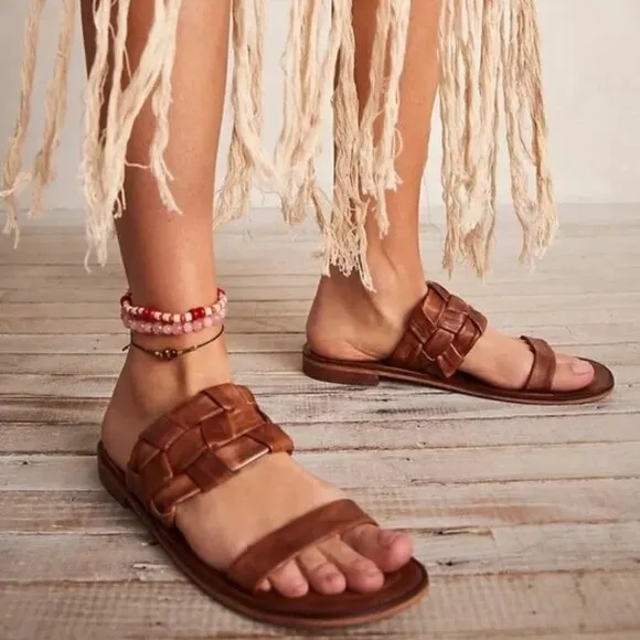 Free People Winding River Braided Strap Leather Slide Sandals Tan Size 7 NWT