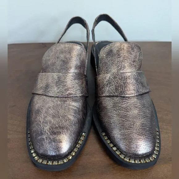 Free People Preppy Metallic Moto Light Academia Jeweled Slingback Loafers 36 / 6