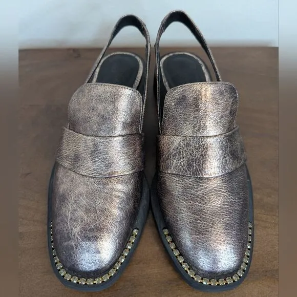 Free People Preppy Metallic Moto Light Academia Jeweled Slingback Loafers 36 / 6