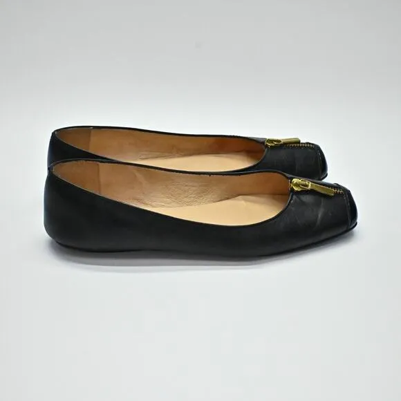 FRENCH SOLE Flats Womens Sz 6.5B Black Leather Gold Zip Ballet Slip On Shoe FSNY