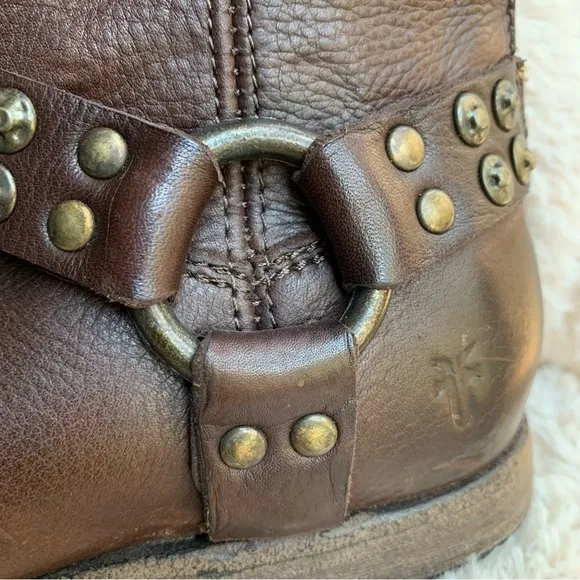 Frye Philip Studded Harness tall Leather riding Boots Sz 6.5 gorgeous dark brown